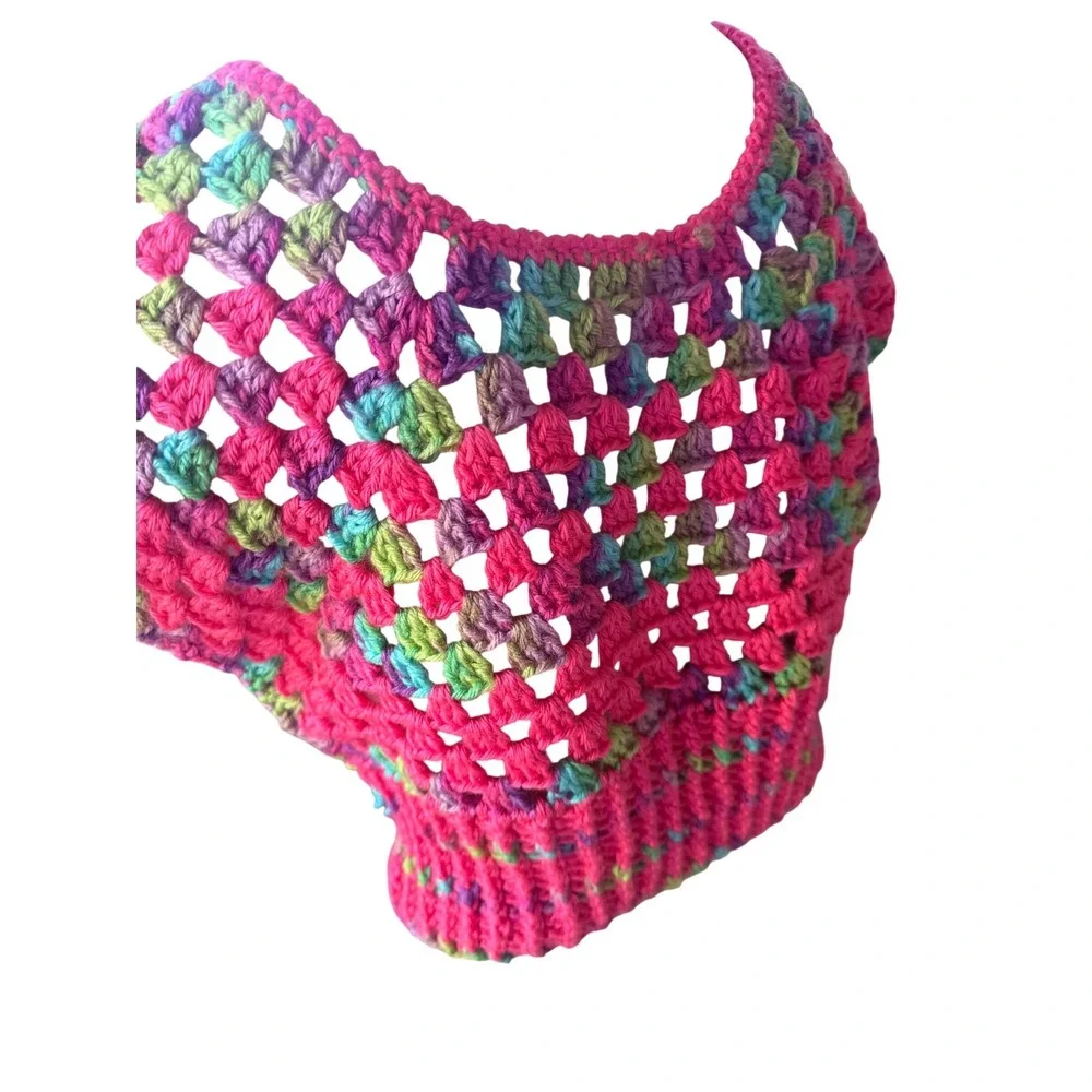 Handmade Bright Pink Multicolor Crochet Crop Top